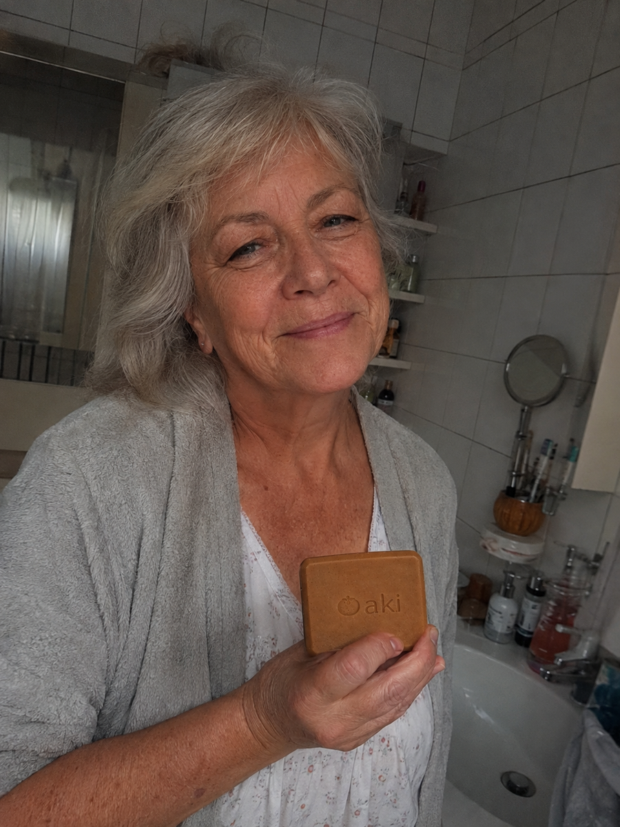 Frau mit blonden Haaren hält eine aki Kakishibu-Seife im Bad