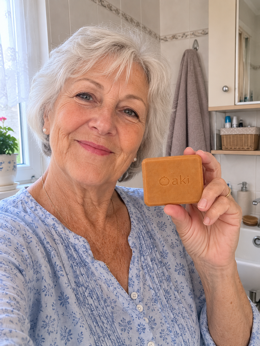 Paar im Badezimmer, die Frau hält eine aki Kakishibu-Seife